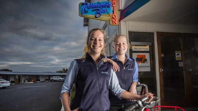 Twins Marina and Grace Beck, 22 help run their family owned Riverfront Motel and Villas at Berriedale near Mona. Picture: LUKE BOWDEN