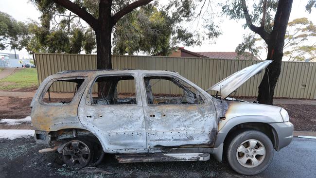 All that’s left of the silver Mazda wagon that was stolen from Unley, then found torched. Picture: Tait Schmaal