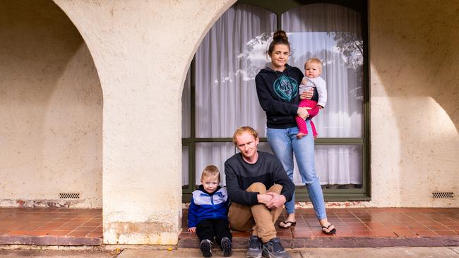 Isaac, 3, Jamie Richards, his partner Mikaela Dellow and Ryley, 1, are facing homelessness in less than two weeks. Picture:Morgan Sette. <a href="https://www.adelaidenow.com.au/news/south-australia/registered-nurse-sunil-jacob-is-among-the-hundreds-of-people-who-are-desperate-for-a-home-in-sa/news-story/ba15cf7e4be83c9145c53dac04c62221" title="www.adelaidenow.com.au">Read their story here.</a>.