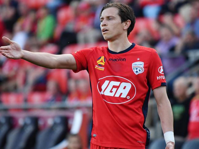 Craig Goodwin of United during the Round 6 A-League match between Adelaide United and Brisbane Roar at Coopers Stadium in Adelaide, Friday, November 30, 2018. (AAP Image/David Mariuz) NO ARCHIVING, EDITORIAL USE ONLY