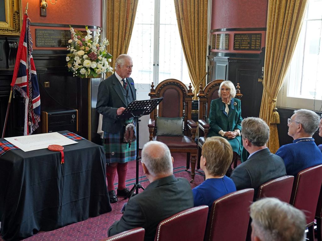 King Charles III and Camilla, Queen Consort attend an official council meeting at the City Chambers in Dunfermline, to formally mark the conferral of city status on the former town. Picture: AFP