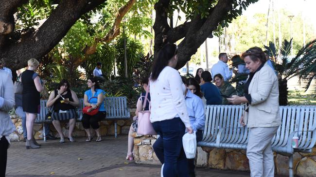 Hundreds of people were evacuated from buildings across Darwin City on Monday. Picture: Katrina Bridgeford