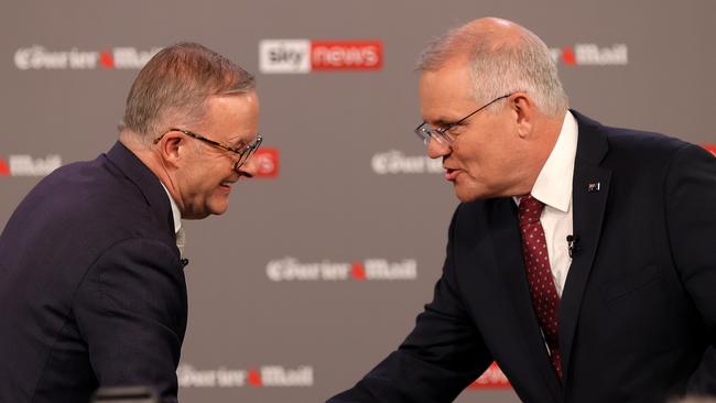 Scott Morrison and Anthony Albanese faced off this week in the first debate of the federal election. Albanese won it, before being forced into isolation with Covid.Picture: Toby Zerna