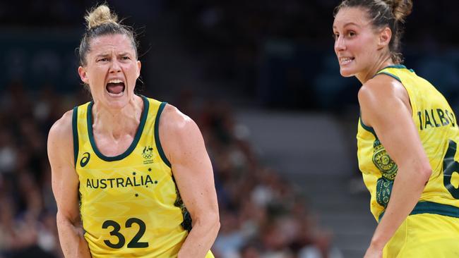 LILLE, FRANCE - AUGUST 04: Sami Whitcomb #32 and Steph Talbot #6 of Team Australia celebrate after a play during a Women's basketball Group Phase - Group B game between Australia and France on day nine of the Olympic Games Paris 2024 at Stade Pierre Mauroy on August 04, 2024 in Lille, France. (Photo by Gregory Shamus/Getty Images)