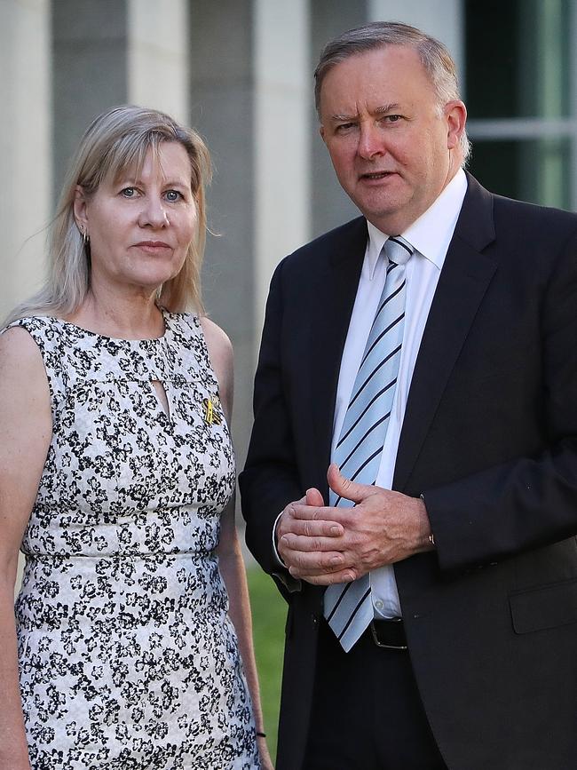 Julie-Ann Finney meeting with Opposition Leader Anthony Albanese at Parliament House in Canberra. Picture: Kym Smith