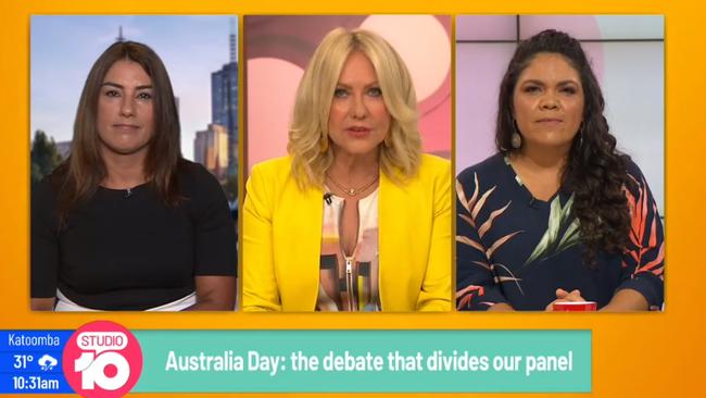 Lidia Thorpe, left, and Jacinta Price, right, join a panel discussion with Kerri-Anne Kennerley following the controversy the previous day with Yumi Stynes. Picture: Channel 10