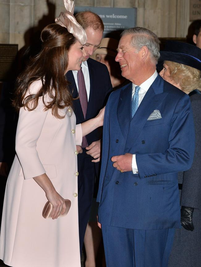 Kate Middleton chats with her father-in-law, Prince Charles. Picture: John Stillwell/ — WPA Pool/Getty Images