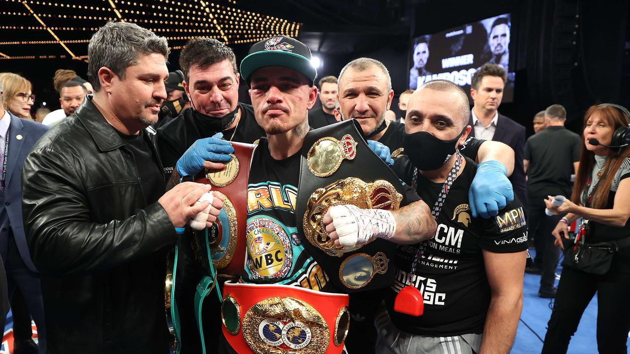 NEW YORK, NEW YORK – NOVEMBER 27: George Kambosos celebrates his split decision win against Teofimo Lopez during championship bout for Lopezâ€™s Undisputed Lightweight title at The Hulu Theater at Madison Square Garden on November 27, 2021 in New York, New York. Al Bello/Getty Images/AFP == FOR NEWSPAPERS, INTERNET, TELCOS & TELEVISION USE ONLY ==
