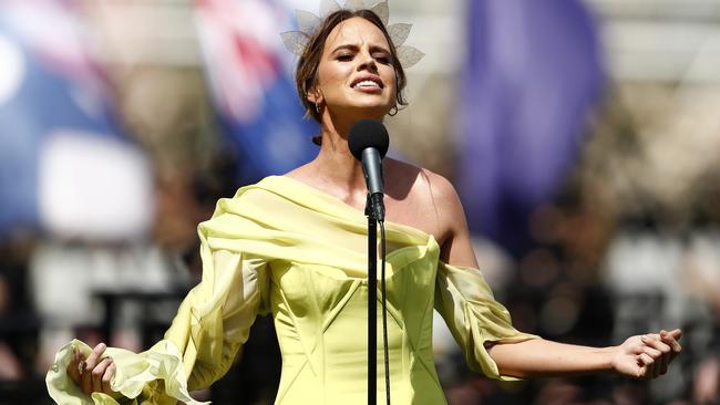 Bonnie Anderson sings the national anthem before the running of the 2020 Lexus Melbourne Cup at Flemington.