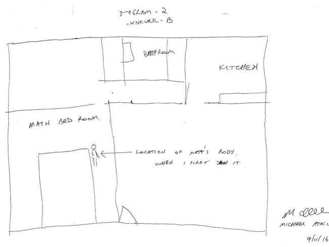 Michael Atkins's diagram of where he claims he found Mr Leveson's body.