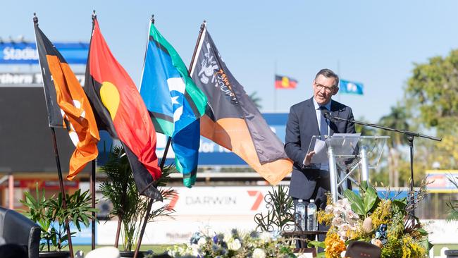 Chief Minister Michael Gunner gives a eulogy at JAK's funeral. Picture: Che Chorley