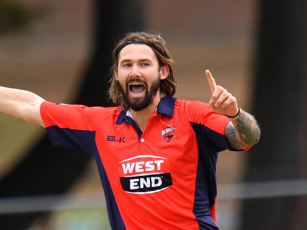 Kane Richardson of the Redbacks appeals unsuccessfully during Match 6 of the Marsh One Day Cup between NSW and South Australia at Allan Border Field in Brisbane, Thursday, September 26, 2019. (AAP Image/Darren England) NO ARCHIVING, EDITORIAL USE ONLY, IMAGES TO BE USED FOR NEWS REPORTING PURPOSES ONLY, NO COMMERCIAL USE WHATSOEVER, NO USE IN BOOKS WITHOUT PRIOR WRITTEN CONSENT FROM AAP