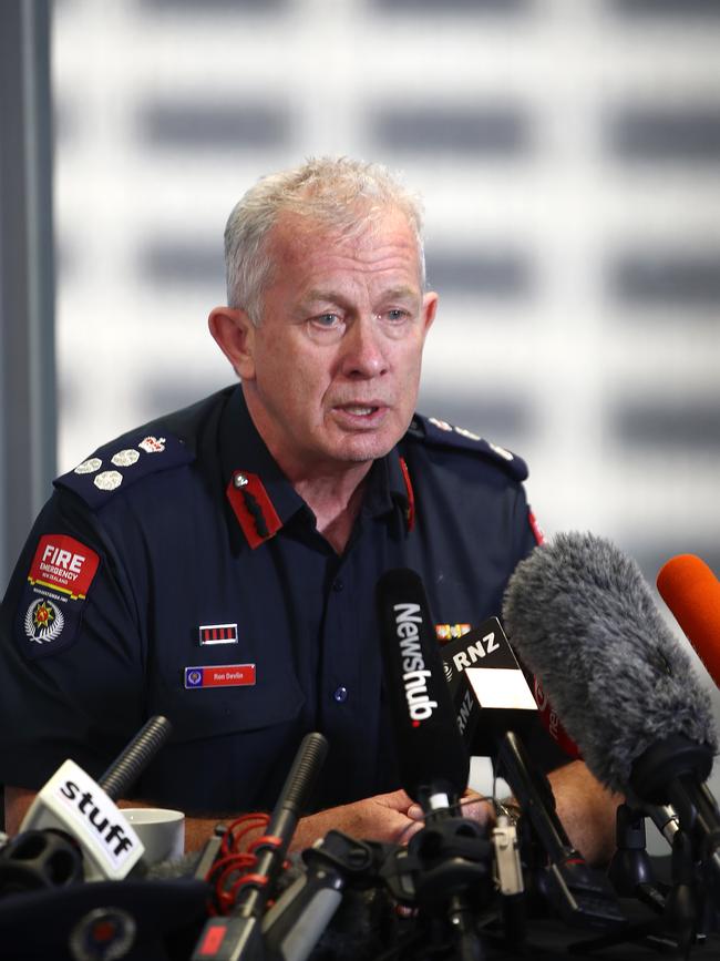 Fire and Emergency's Auckland Regional Manager Ron Devlin speaking to media near the SkyCity Convention Centre on October 23, 2019 in Auckland, New Zealand. (Photo by Phil Walter/2019 Getty Images)