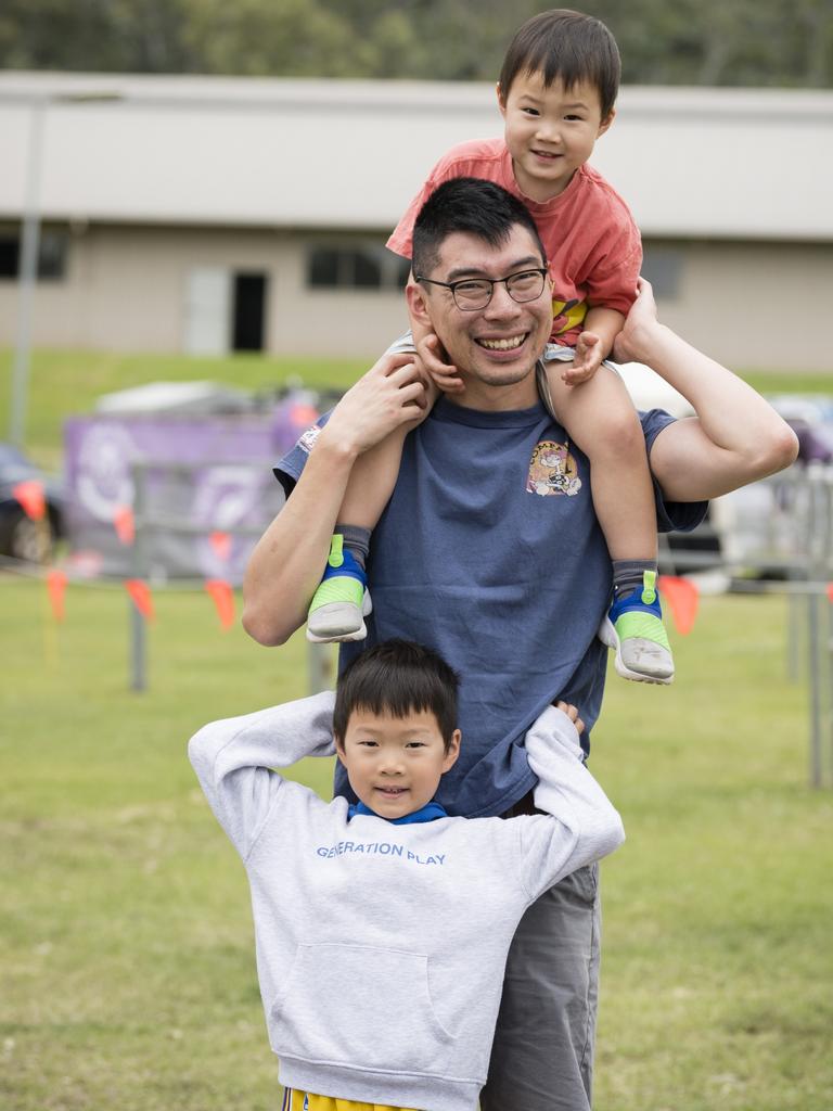 Xiao Tan with sons Franklin (front) and Elliot Tan at the Toowoomba Royal Show, Saturday, April 1, 2023. Picture: Kevin Farmer