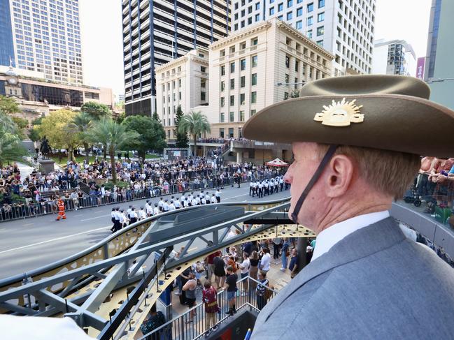 Thousands gather for Brisbane's Anzac Day parade through Brisbane. Picture: Liam Kidston