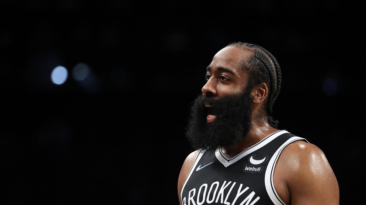 NEW YORK, NEW YORK - OCTOBER 27: James Harden #13 of the Brooklyn Nets reacts against the Miami Heat during their game at Barclays Center on October 27, 2021 in New York City. NOTE TO USER: User expressly acknowledges and agrees that, by downloading and or using this photograph, User is consenting to the terms and conditions of the Getty Images License Agreement. Al Bello/Getty Images/AFP == FOR NEWSPAPERS, INTERNET, TELCOS &amp; TELEVISION USE ONLY ==