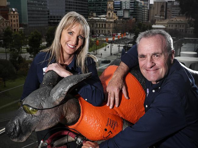 The Tour Down Under announces its 2020 race routes: TDU race director Mike Turtur with race director of the women’s race, Kimberley Conte standing next to race mascot Oppy. Picture: Sarah Reed