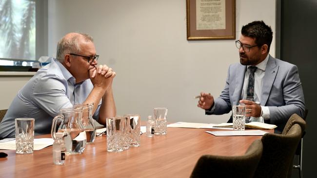 Prime Minister Scott Morrison meeting with the Mayor of Alice Springs Matt Paterson in Alice Springs to talk about issues within the region. Picture: Adam Taylor