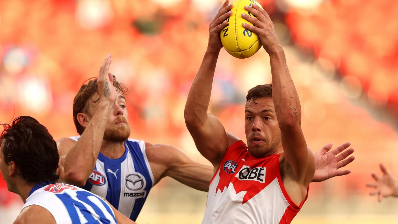 Oliver Florent wins the ball against North Melbourne during the pre-season. Picture: Phil Hillyard