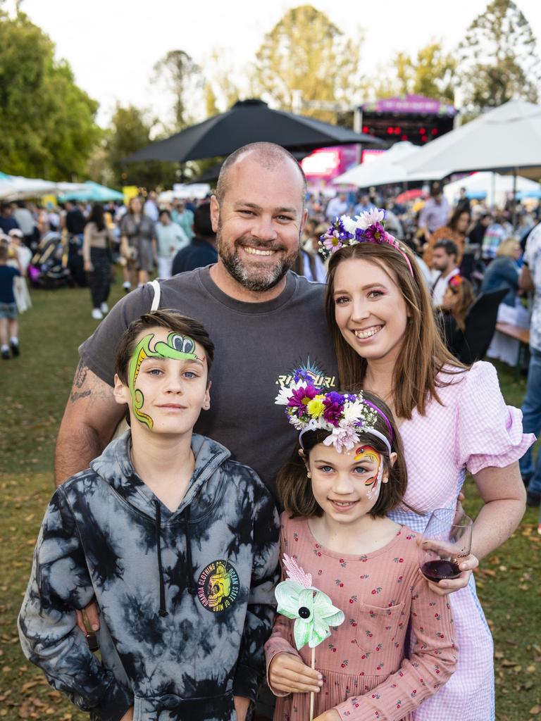 Joel McGarigle and Jasmine Knight with kids Jackson and Henley McGarigle at the Festival of Food and Wine of Carnival of Flowers 2022, Saturday, September 10, 2022. Picture: Kevin Farmer