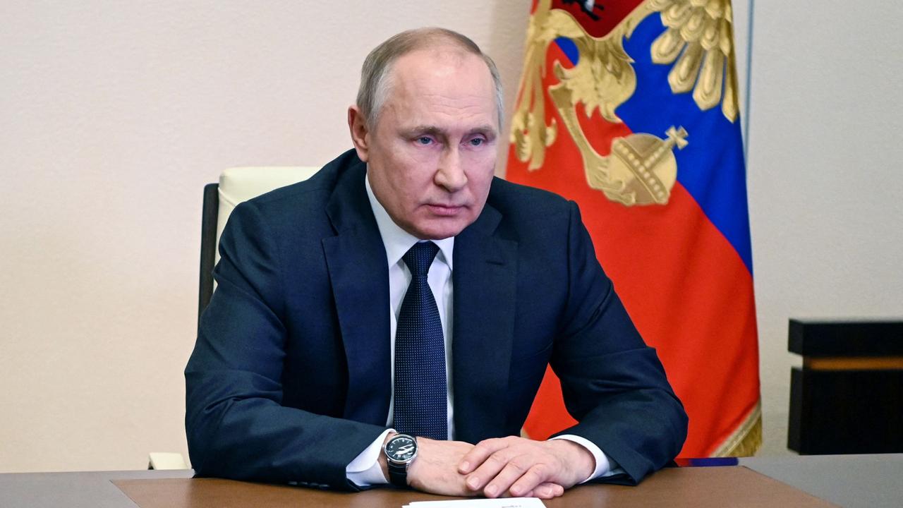 Russian President Vladimir Putin chairs a meeting with members of the Security Council via teleconference call. Picture: Andrey Gorshkov/Sputnik/AFP