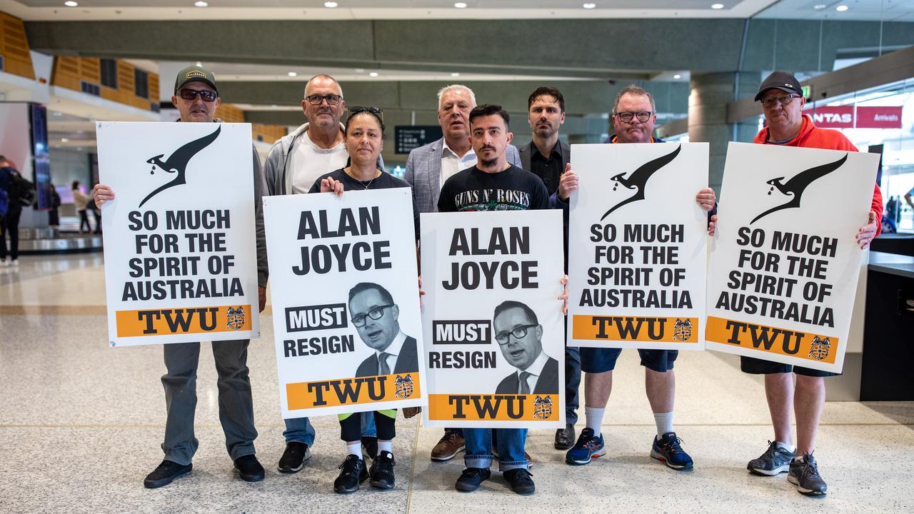 Qantas workers have called on Alan Joyce to resign, as airport firefighters announced they were going on strike. Picture: NCA NewsWire / Christian Gilles