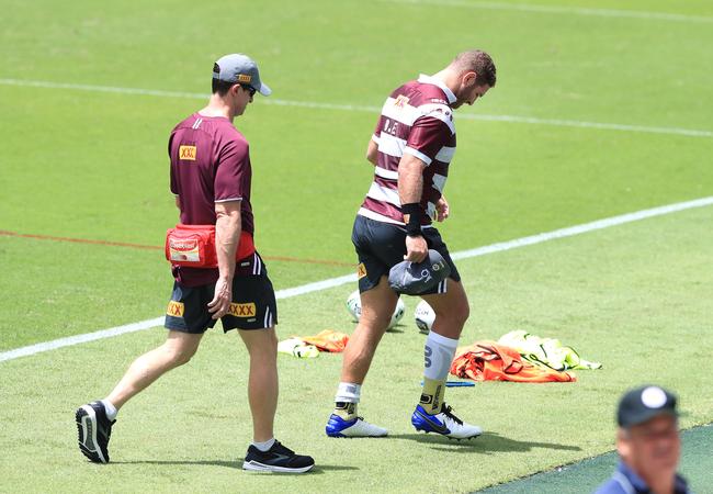 Brenko Lee after his injury at Maroons training. Picture: Adam Head