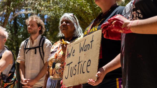 Alice Springs residents held a protest outside the town's police station on Sunday after the fatal shooting. Picture: Emma Murray