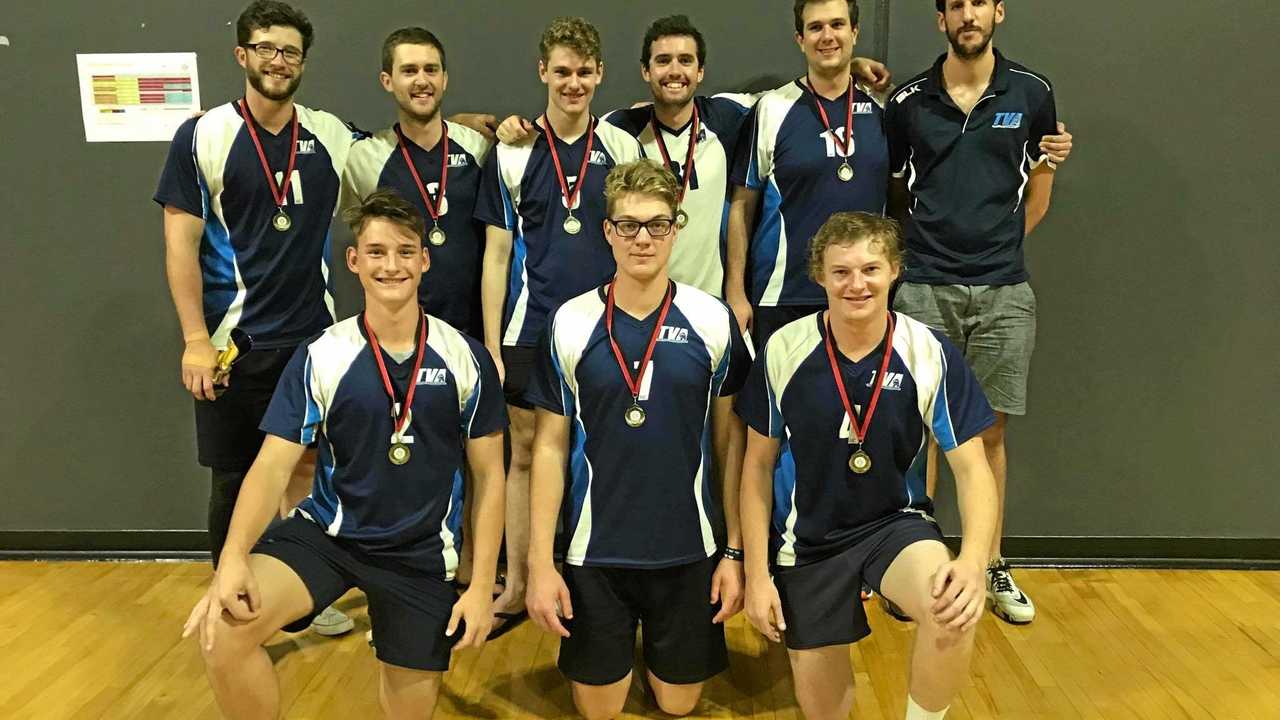 The Toowoomba Titans men&#39;s team (from back left) Grant Norman, Matthew Atkinson, Zayden Pidgeon, Christian Retschlag, Jaek Passier, coach Marco Calderini, Ethan Farquarson, Scott Schultz and Chris Austin won gold at the Aces United Volleyball tournament. Picture: Contributed