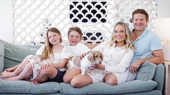 Former Australian cricketer Shane Watson with his children Matilda and Will, their dog Max and his wife Lee at their Sydney home. Picture: Sam Ruttyn