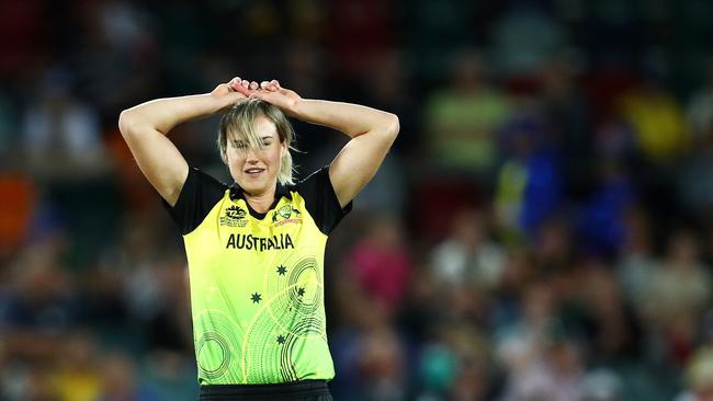 Ellyse Perry of Australia reacts after bowling a delivery during the ICC Women's T20 Cricket World Cup match between Australia and Bangladesh at Manuka Oval on February 27, 2020 in Canberra, Australia. (Photo by Cameron Spencer/Getty Images)