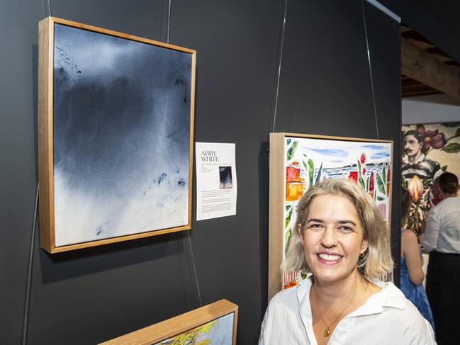 Finalist Abbie White with her work Keep Something For a Rainy Day (top, left) at The Toowoomba Gallery for The Next Big Thing art prize and exhibition, Friday, March 1, 2024. Picture: Kevin Farmer