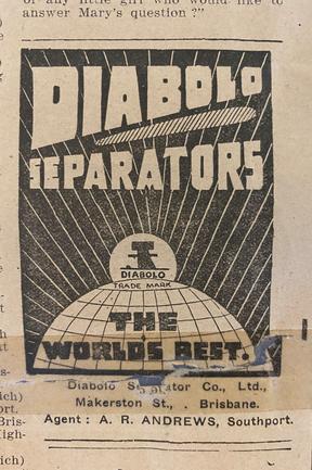 Diablo separators. Gold Coast Bulletin advertising, 1930,