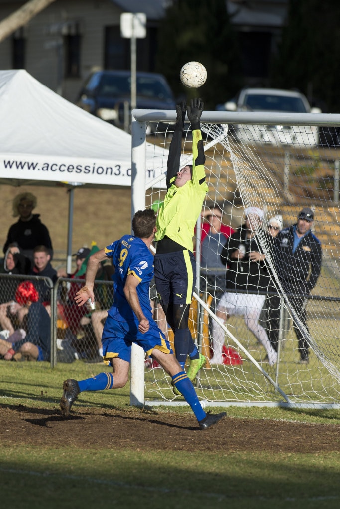 Willowburn keeper Michael Nees defends against USQ FC in Toowoomba Football League Premier Men semi-final at Commonwealth Oval, Sunday, August 26, 2018. Picture: Kevin Farmer