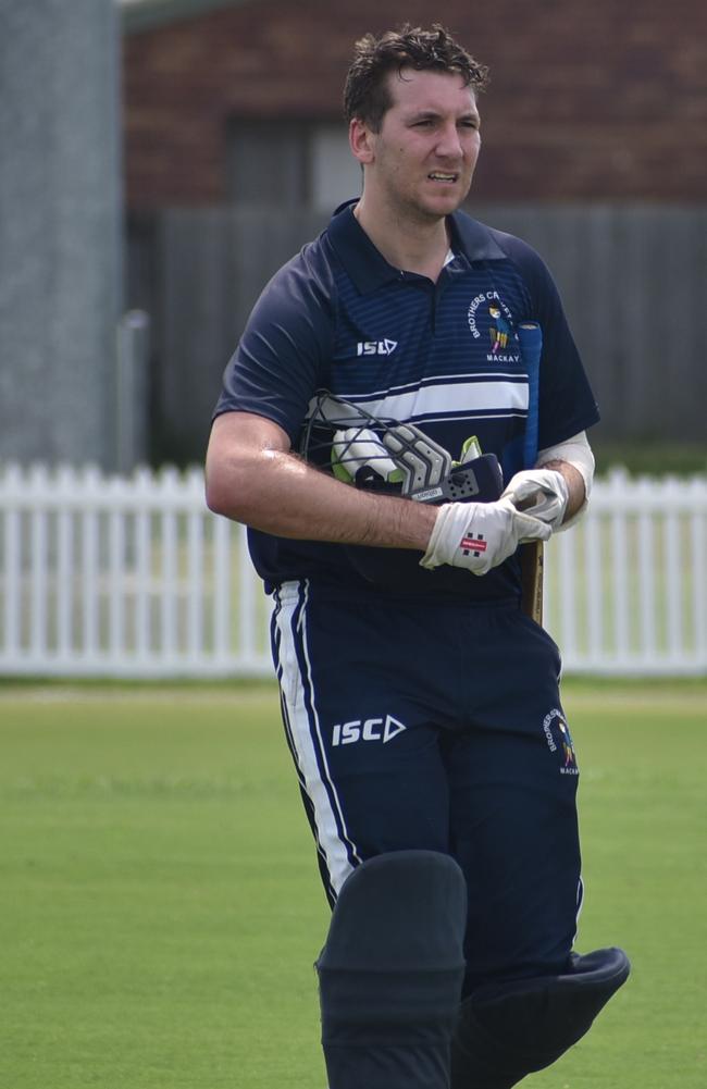 Luke Podosky walks after hitting 13 from 24 in the DBCT Cup Mackay Cricket 2nd Grade Brothers v Magpies in the semi-finals on Saturday, March 19, 2022. Picture: Tara Miko