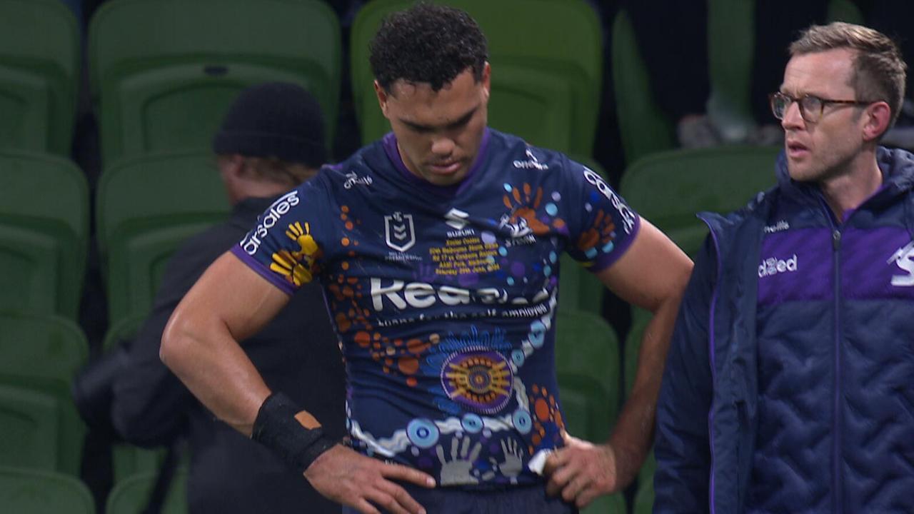 Storm and Maroons winger Xavier Coates limped off the field in the dying minutes with what looked like a serious hamstring injury.