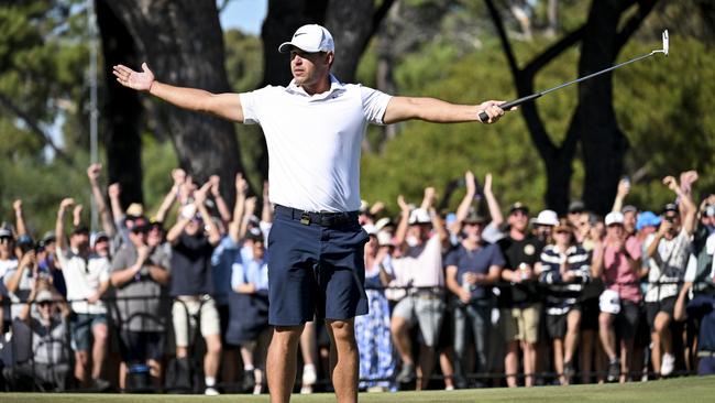 Brooks Koepka celebrates a birdie during Adelaide’s LIV Golf tournament.