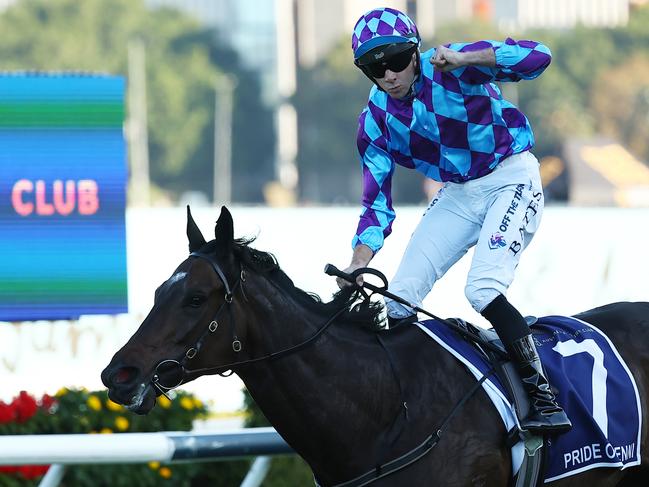 SYDNEY, AUSTRALIA - APRIL 13: Declan Bates riding Pride of Jenni wins Race 8 Queen Elizabeth Stakes during Sydney Racing: The Championships at Royal Randwick Racecourse on April 13, 2024 in Sydney, Australia. (Photo by Jeremy Ng/Getty Images)