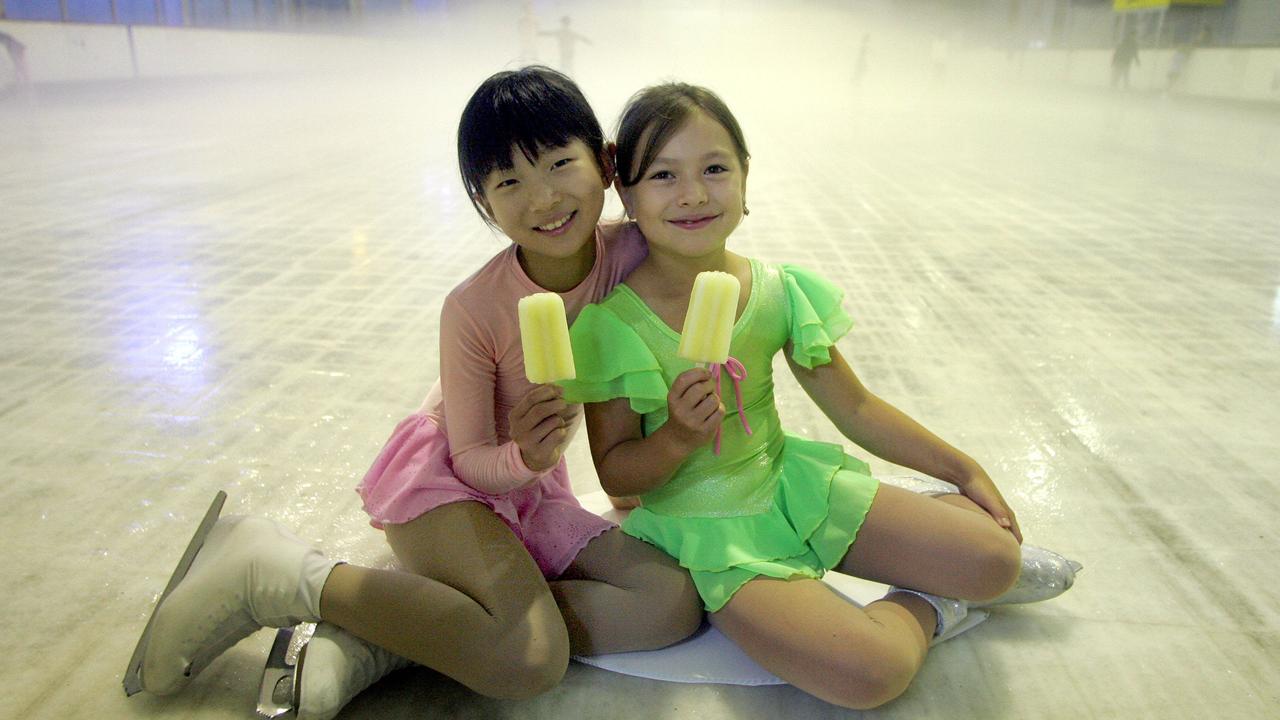 Michelle Miao 9 years of Varsity Lakes and Elle Ninness 8 years of Elanora cooling off on the ice at Iceland, Bundall in 2005.