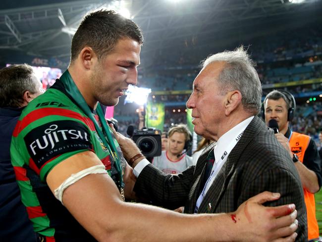 Sam Burgess with John Sattler after the 2014 grand final. Picture: Gregg Porteous