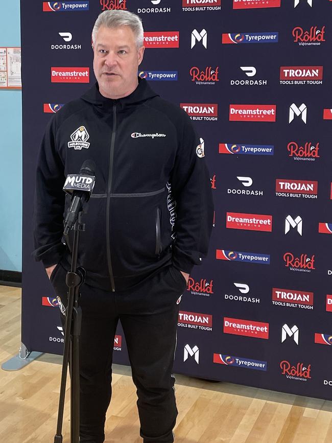 Melbourne United coach Dean Vickerman talks in Ballarat ahead of the pre-season clash against Brisbane. Picture: Shane Jones