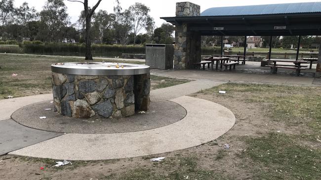 Rubbish scattered at Banjo Paterson Park. Picture: Josh Fagan