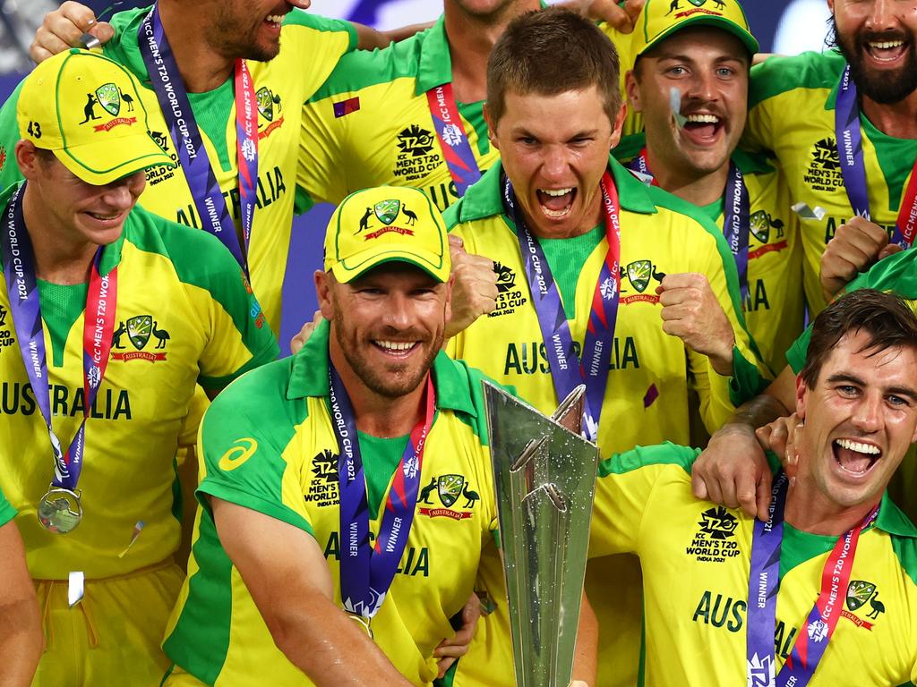 Aaron Finch lifts the ICC Men's T20 World Cup Trophy in 2021. Picture: Francois Nel/Getty Images