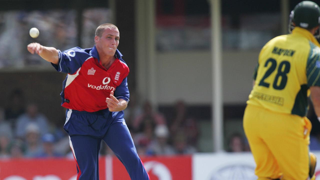 Simon Jones hurls the ball at Matthew Hayden.