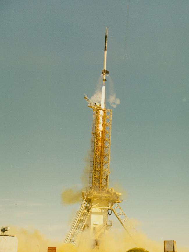 Skylark high altitude sounding rocket with a cuckoo boost motor, 1960. Picture: National Archives of Australia