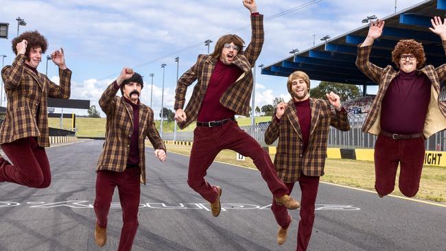 Supercars go all Anchorman style: (from left) Will Brown, Mark Winterbottom, Scott Pye, Andre Heimgartner and Brodie Kostecki. Picture: Foxtel