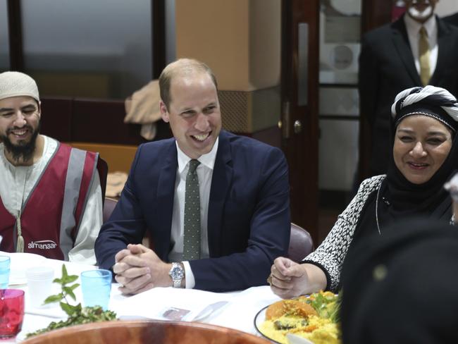 Britain's Prince William, The Duke of Cambridge, centre, during his visit to the Al-Manaar Muslim Cultural Centre in London. Picture: AP