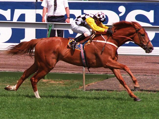 1996 Melbourne Cup. Winner 'Saintly' (Darren Beadman) kicks clear of the field inside the last 200m.