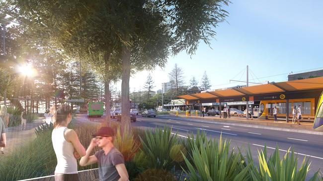 The previous plan for the light rail stop at Burleigh Heads was opposite the Burleigh Heads Hotel and Justin Lane near Connors St.