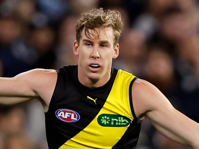 MELBOURNE, AUSTRALIA - MARCH 14: Tom Lynch of the Tigers stands on the mark during the 2024 AFL Round 01 match between the Carlton Blues and the Richmond Tigers at the Melbourne Cricket Ground on March 14, 2024 in Melbourne, Australia. (Photo by Dylan Burns/AFL Photos via Getty Images)